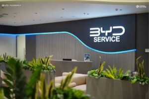 Reception area of a BYD service center with modern decor, indoor plants, beige seating, and a large illuminated BYD Service sign on the wall.